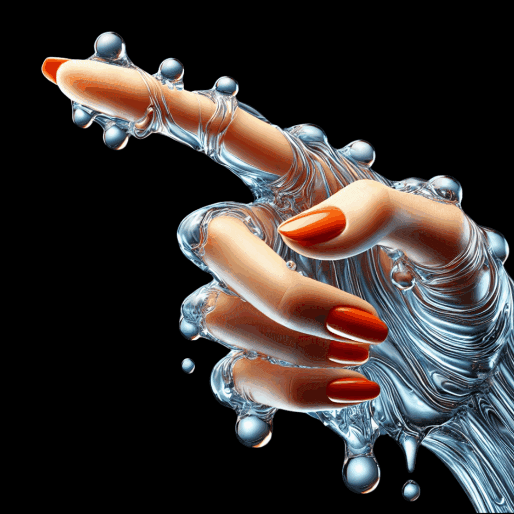 Grafika 3D: dłoń z pomarańczowym manicure w srebrnej, płynnej strukturze na czarnym tle